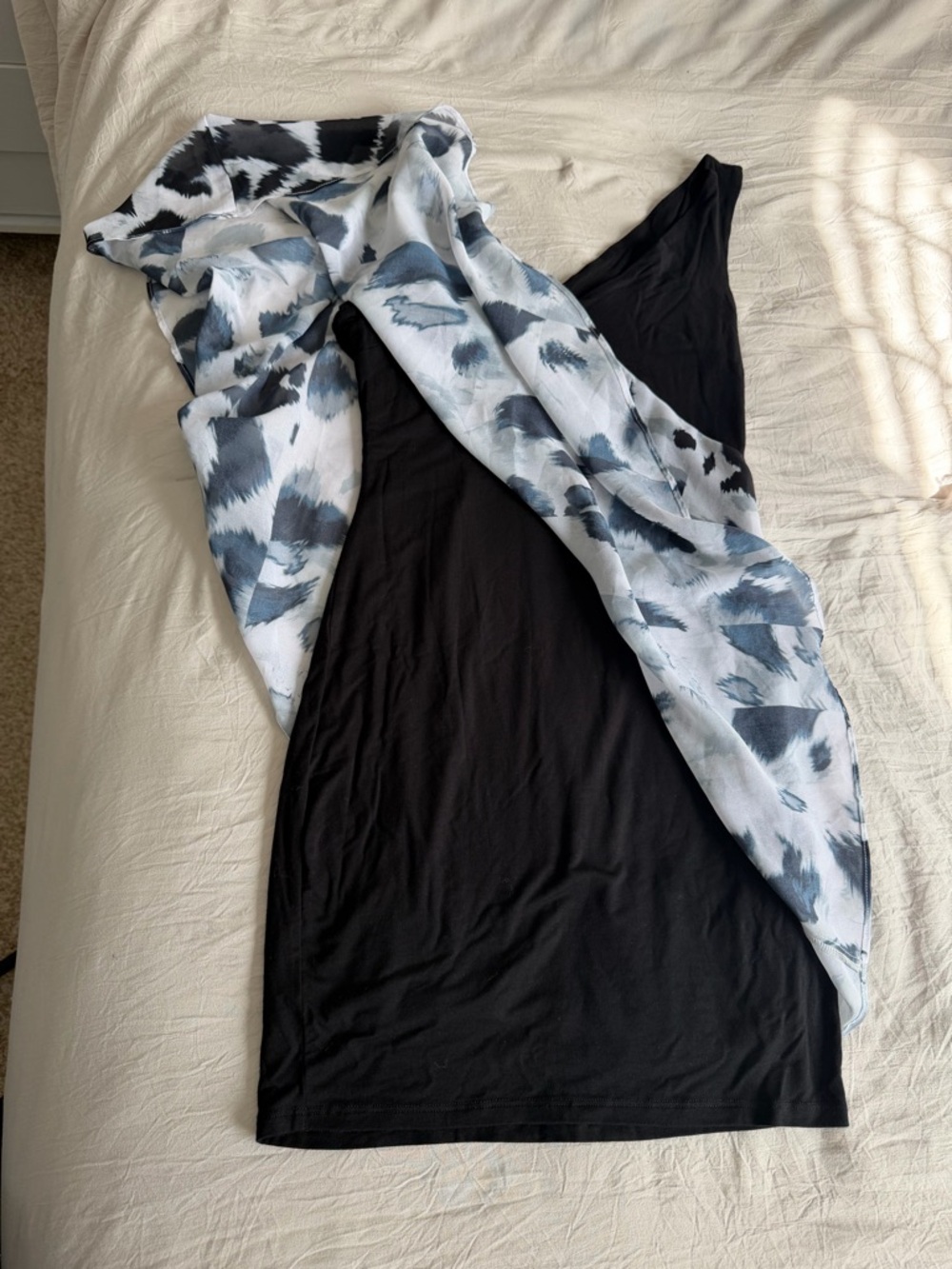 bebe Black One-Shoulder Dress with Gray Abstract Print Overlay XXS - Picture 8 of 8